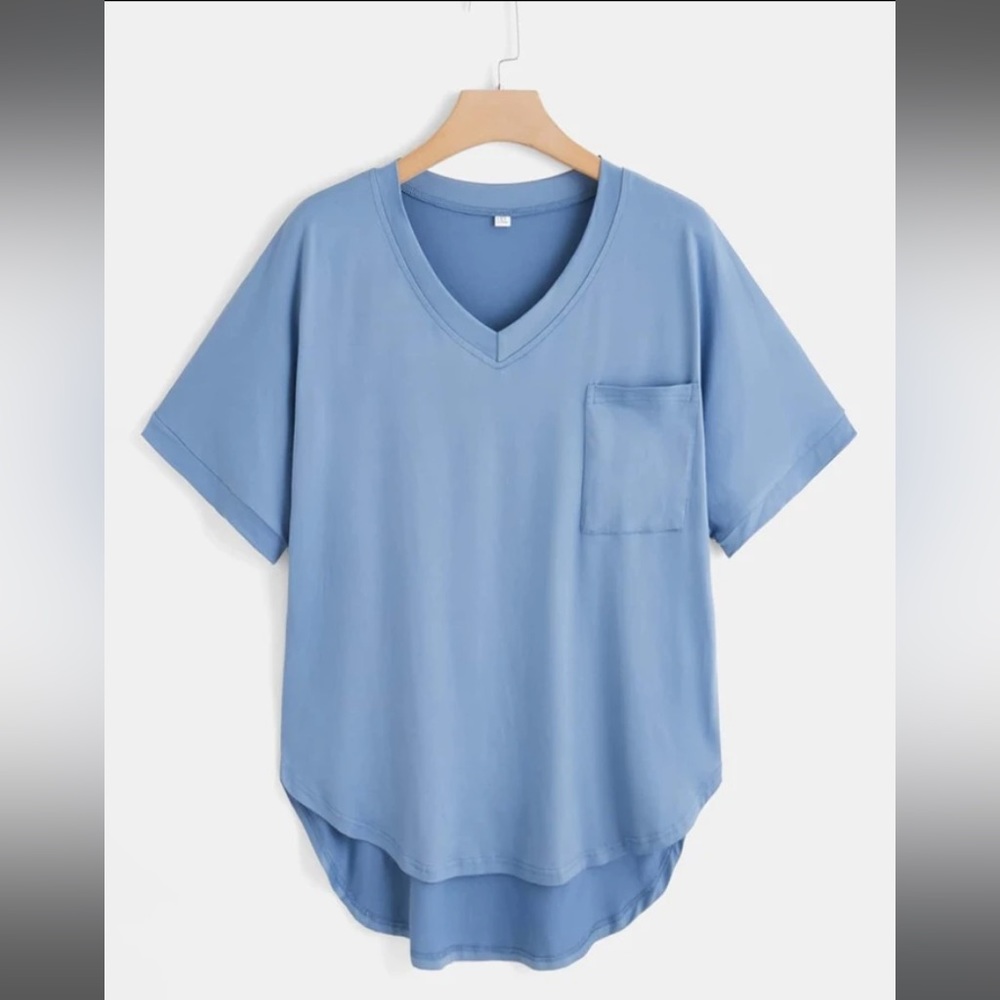 SHEIN Essnce Plus Solid Pocket Front High Low Curved Hem Tee